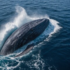 Fototapeta premium A magnificent blue whale diving into the deep ocean surrounded by white foam.