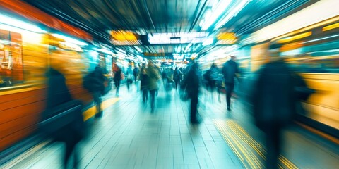 Obraz premium Business passengers navigate a subway station, captured in intentional motion blur. The scene emphasizes the dynamic movement of business passengers in transit.