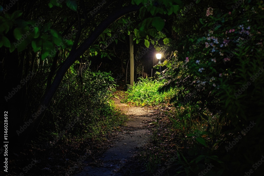 Poster a winding path through dense woods illuminated by a single light source, ideal for use in scenes abo