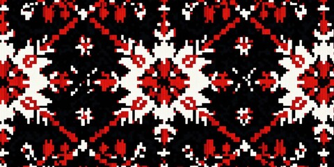 A black and white and red geometric pattern on a black background