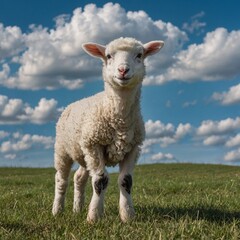 Obraz premium A soft, white lamb standing in a pasture with blue skies and fluffy clouds.