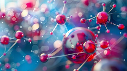 Abstract representation of atom or molecule structure with a focus on medical science, 3D illustration of molecular connections in a dynamic and futuristic background.