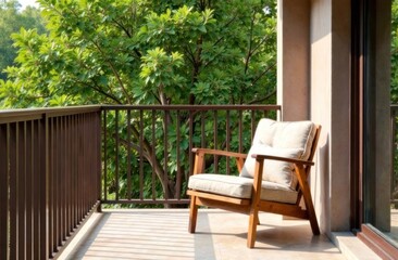 Fototapeta premium minimalist balcony with wooden chair paired with neutral cushion, surrounded by lush greenery, simplicity and tranquility concept. interior design inspiration, lifestyle poster