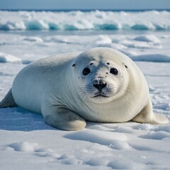 Naklejka premium A white seal pup resting on a snowy shore with a soft blue and white ocean background.