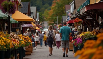 Vibrant Outdoor Market in Full Bloom with Shoppers Browsing Colorful Flowers and Local Produce