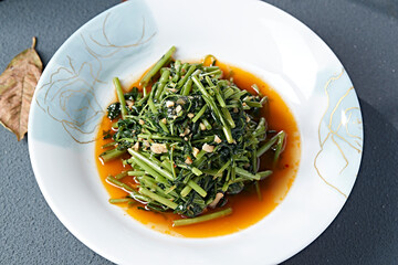 Delicious stir-fried minced pork with water spinach