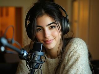 Woman with Headphones Recording Podcast