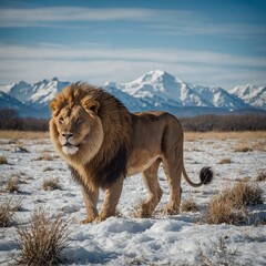 A majestic lion walking through a snowy field, with blue skies behind it.