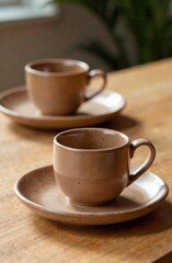 cozy dining concept, rustic decor inspiration in color of the year 2025 tones. closeup of wooden coffee table with mocha mousse ceramic plates and cups. tea ceremony in minimalistic, warm setting.