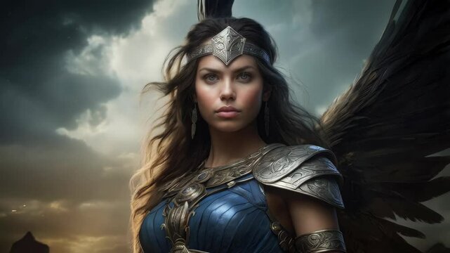 A powerful, mythical female warrior standing amidst ancient ruins