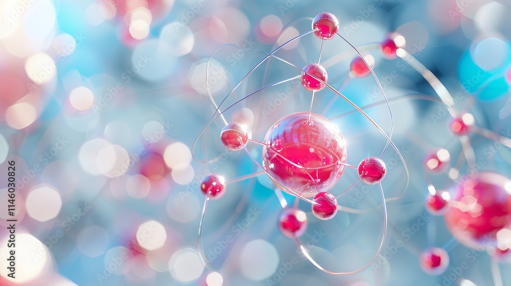 Poster abstract representation of atom or molecule structure with a focus on medical science, 3d illustrati