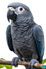 Fototapeta premium Majestic Grey Parrot Perched on Branch with Striking Features and Unique Feather Patterns Displaying Its Character and Presence Against a Bright Background