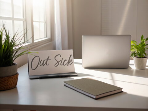 Out of office note. Out Sick sign on a desk with a laptop, book, and plants in sunlight. Ideal for content about illness, remote work, and self-care. Symbol of rest and recovery