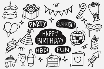 set of birthday doodle good for background, wallpaper, icon, element design, etc © angga