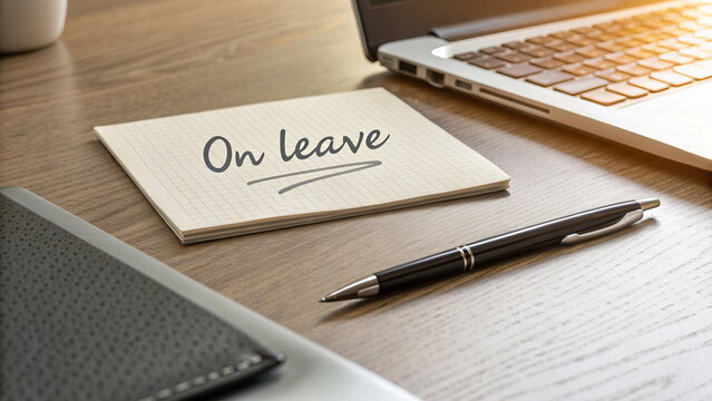Out of office note. On Leave sign on wooden desk with laptop, notebook, and pen. Ideal for content about breaks, remote work, and vacation planning. Symbol of rest and personal time