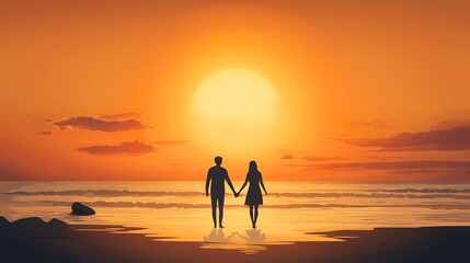 Valentine in lover relevance concept. Silhouette of a couple holding hands at sunset by the sea.