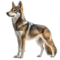 Fototapeta premium Angled view full body shot of a hyperrealistic Czechoslovakian Wolfdog animal isolated on a white transparent background