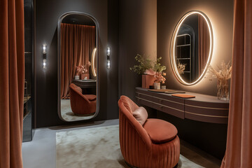 Glamorous dressing room with illuminated mirrors, a vanity table, and soft textiles. Interior design, 3D render, Home decoration
