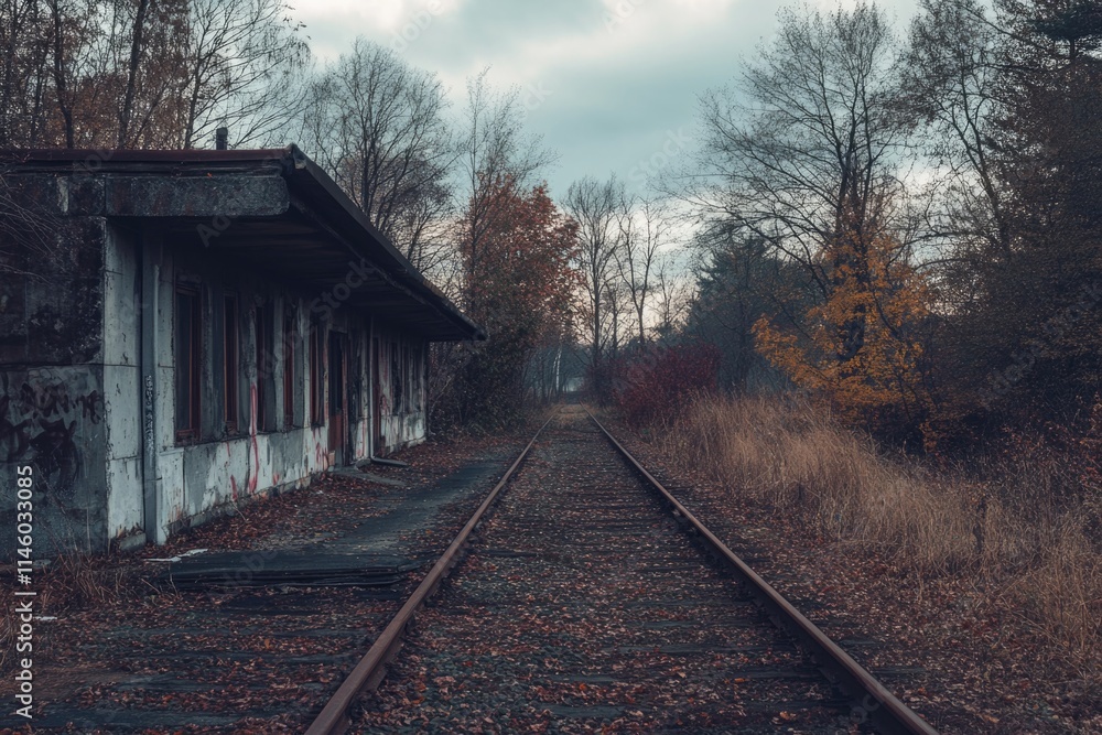 Poster image of a train track with a building in the background