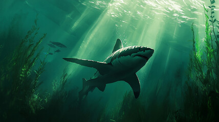 Fototapeta premium Majestic great white shark swimming through sunlit underwater kelp forest