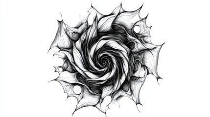 Fototapeta premium Abstract Black and White Spiral Rose Line Art Drawing, Intricate Detailed Design, Isolated on White Background