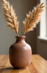 closeup on ceramic vase with mocha mousse color, dried pampas grass on wooden table. warm earthy tones and cozy home decor, interior design in color of the year 2025