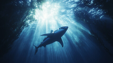 Obraz premium majestic great white shark glides through sunlit ocean waters