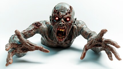 Horrifying Zombie Crawling, Reaching, Ghastly Grin, White Background