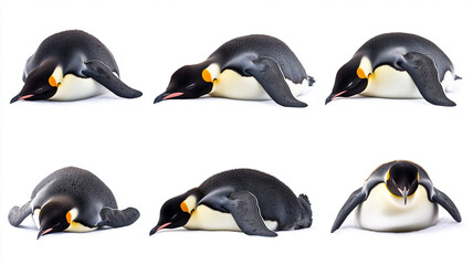 Fototapeta premium Emperor penguins lying and standing in various poses, showcasing their unique behavior