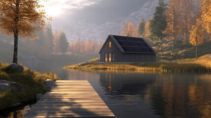 Fototapeta premium Minimalist Solar Cabin by Autumn Lake, Mountain View, Wooden Dock
