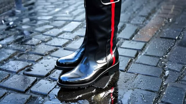 Three-hundred-sixty degree video around glossy black rain boots with a red stripe detail against a wet cobblestone street
