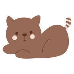 Cute baby kitten, kawaii brown cat with a striped tail, laying cat vector illustration
