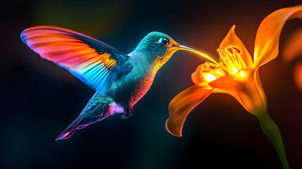 Vibrant Hummingbird Approaching Bright Orange Flower with Radiant Colors in a Serene Natural Setting, Showcasing the Beauty of Wildlife in Close-Up Photography