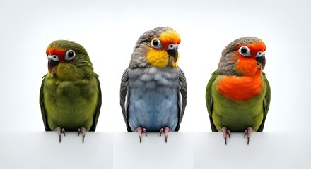 A hyper-realistic, 4K image of three colorful birds perched in a row. The birds have vibrant plumage with different colors, and the background is a solid pure white color, making the colors of the bir