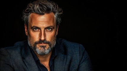 Obraz premium Close-up portrait of a serious, middle-aged man with graying hair and beard, wearing a dark blue blazer.