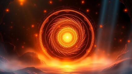 Radiant astral gate gradient showcasing luminous spirals and textured energy streams converging into a glowing core