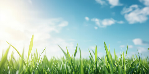 Fototapeta premium Lush green grass under bright blue sky with fluffy clouds