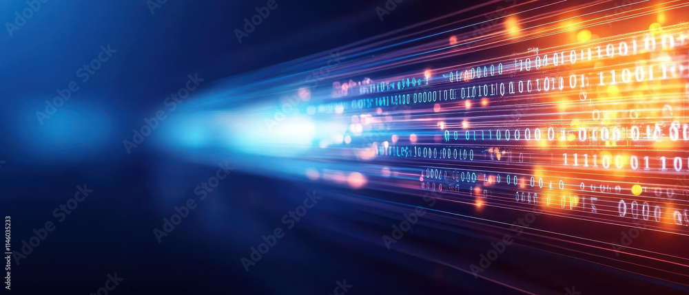 Poster digital data flow with binary code and vibrant light effects