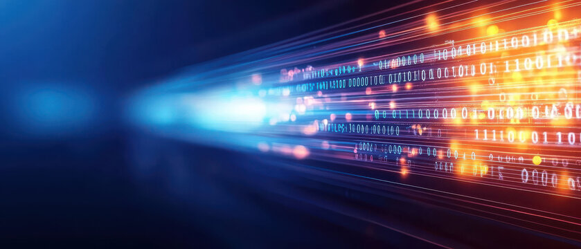 Digital data flow with binary code and vibrant light effects