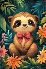 Obraz premium A vibrant cartoon-style illustration of an adorable sloth wearing a pink bow, sitting amidst a colorful array of flowers