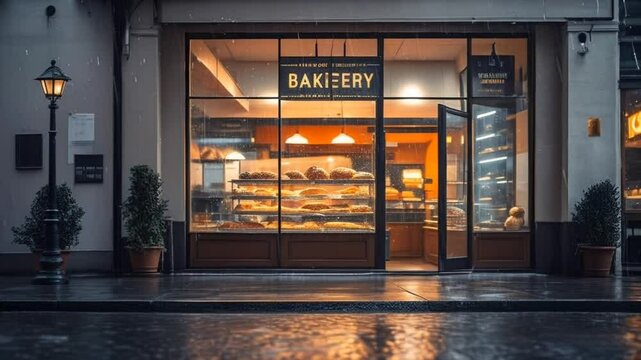 Charming bakery storefront on a rainy day, showcasing delicious pastries through the window. Warm inviting lighting contrasts with the wet city street.
