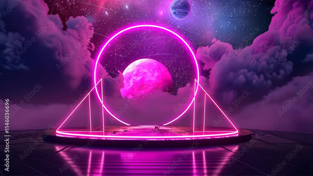 Aufkleber bright neon shapes illuminate a dreamlike setting with swirling clouds and distant planets, creating