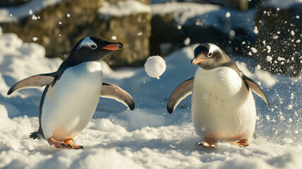 Obraz premium Playful penguins throw snowballs in snowy landscape, showcasing fun and joy