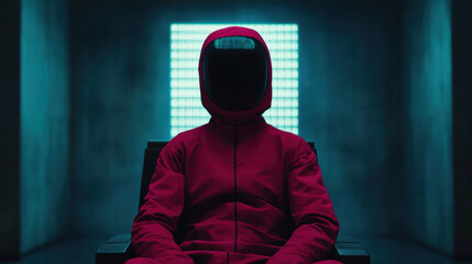 Guard wearing red overalls and helmet sitting in futuristic prison cell