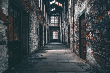 Obraz premium A narrow alley with brick walls and windows, perfect for urban or cityscape scenes