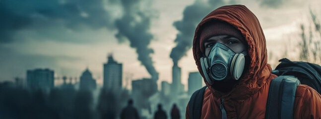 Man wearing gas mask surviving air pollution in industrial city