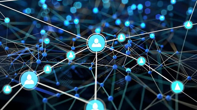Interconnected luminous blue nodes and lines create a striking visual of digital networking, set against a dark, blurred background suggesting depth and complexity.