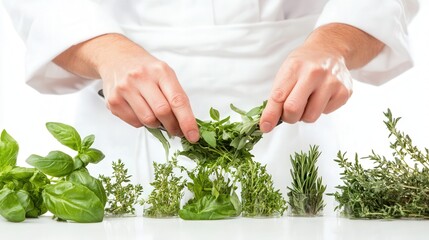 chef cook cutting fresh green herbs isolated on a white background