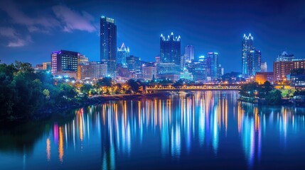 Fototapeta premium Nighttime cityscape of Pittsburgh with colorful reflections on the water, showcasing urban skyline lights and scenic waterfront beauty under a starry sky.