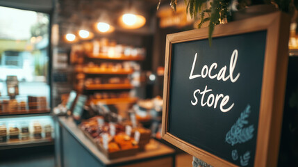Chalkboard sign promoting a local store, highlighting the importance of supporting small businesses and the local community